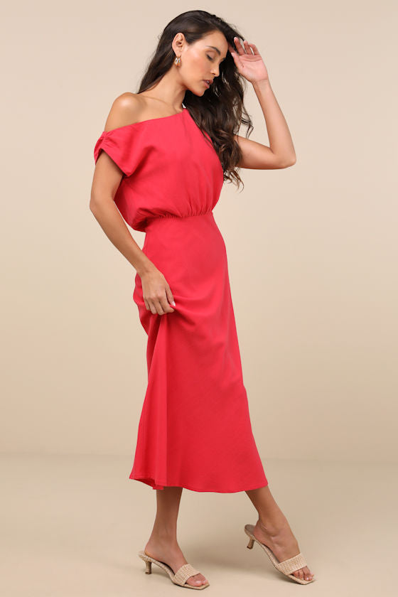 Casual Enchantment Red Linen Off-the-Shoulder Midi Dress