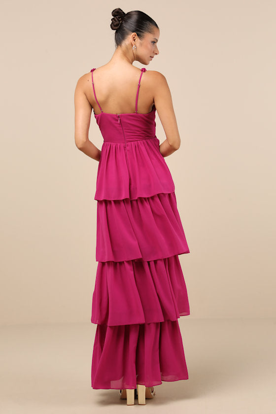 Olimpia Berry Pink Ruffled Tiered Maxi Dress