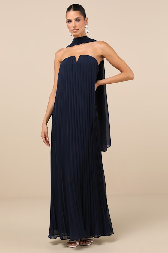 Lael Navy Pleated Strapless Dress and Scarf Set