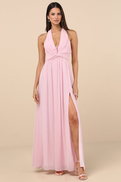 Marilina Light Pink Pleated Twist-Front Maxi Dress
