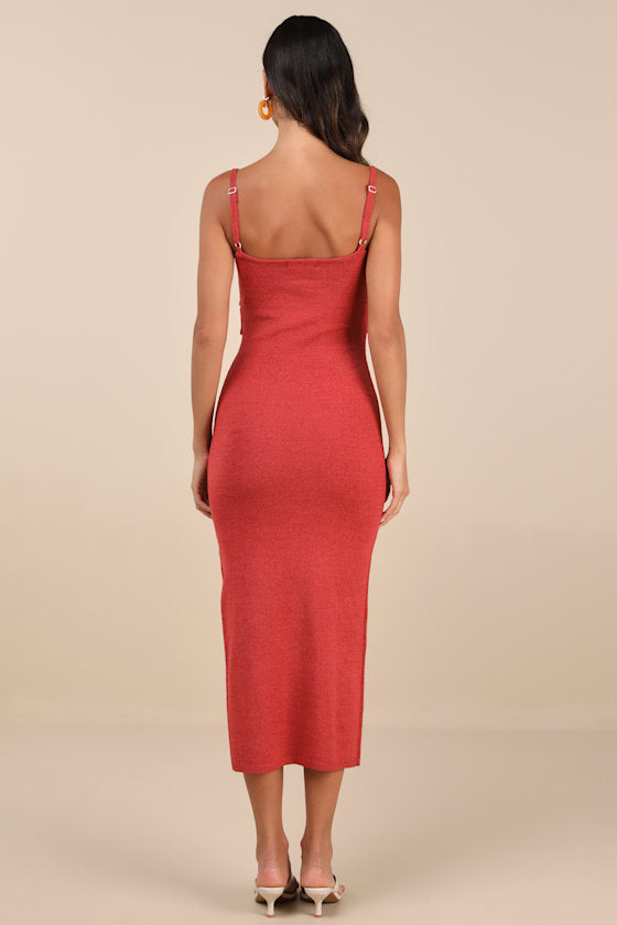 Ainara Rust Red Cutout Sleeveless Midi Sweater Dress