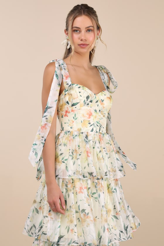 Svea Light Yellow Floral Tiered Tie-Strap Midi Dress