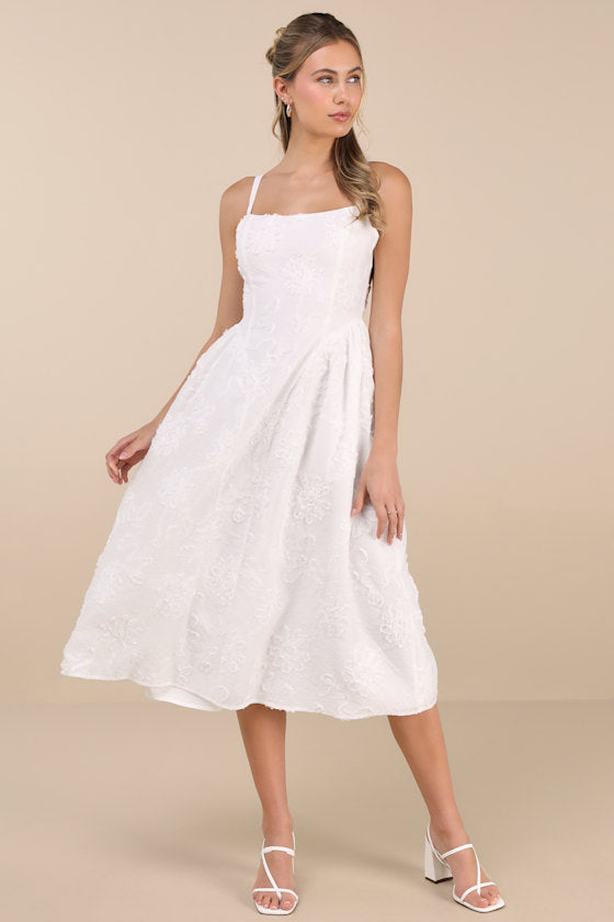 Teodora White Floral Applique Lace-Up Midi Dress