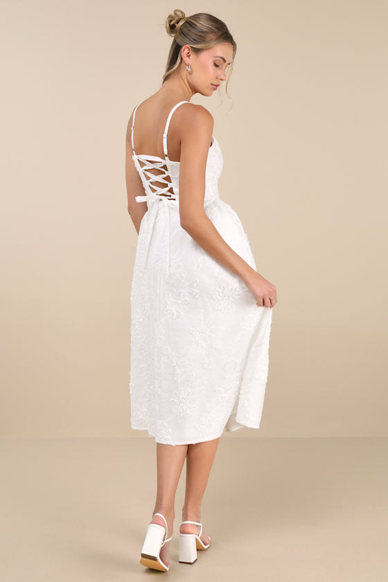 Teodora White Floral Applique Lace-Up Midi Dress