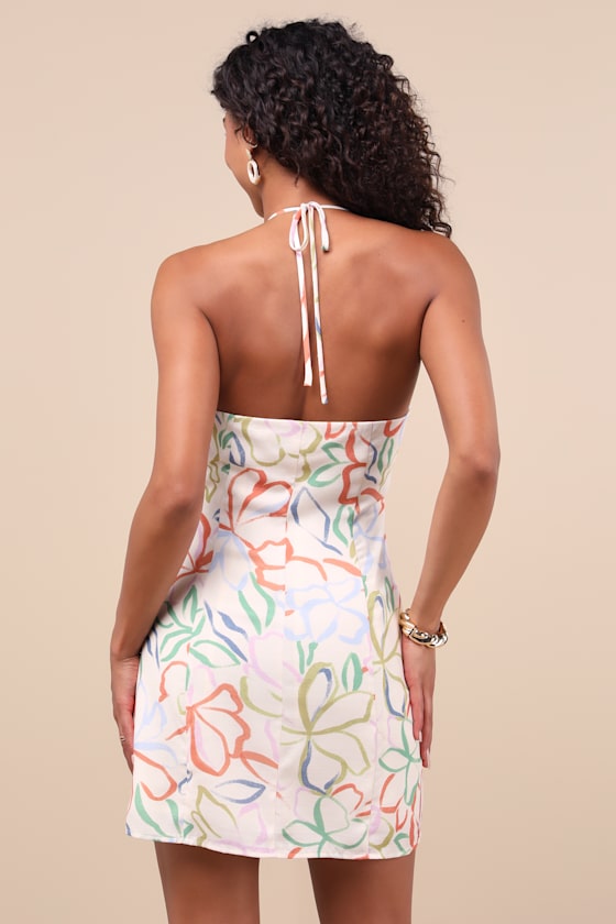Cloelia Ivory Abstract Floral Button-Front Halter Mini Dress