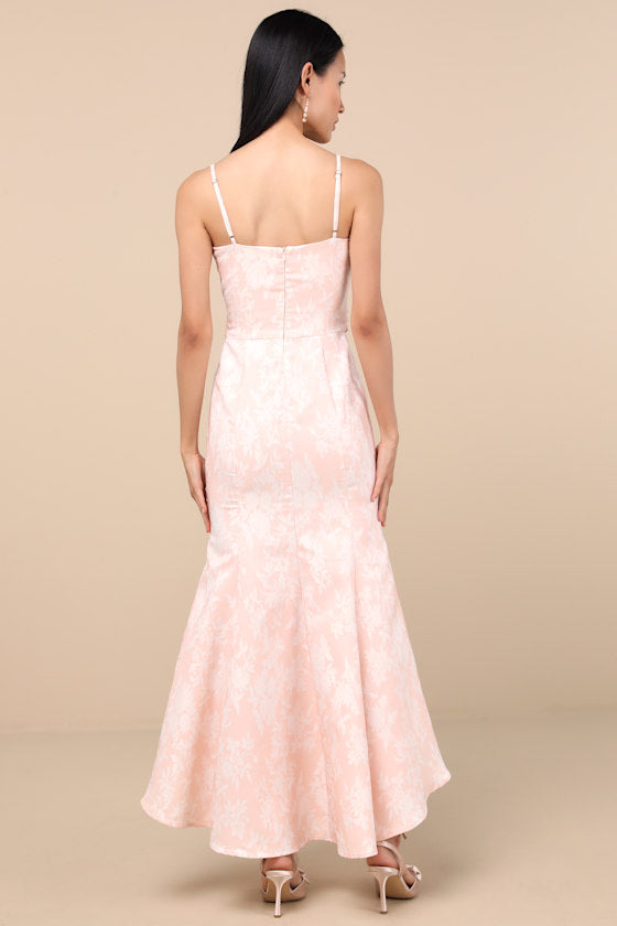 Gwenth Blush Floral Jacquard High-Low Midi Dress