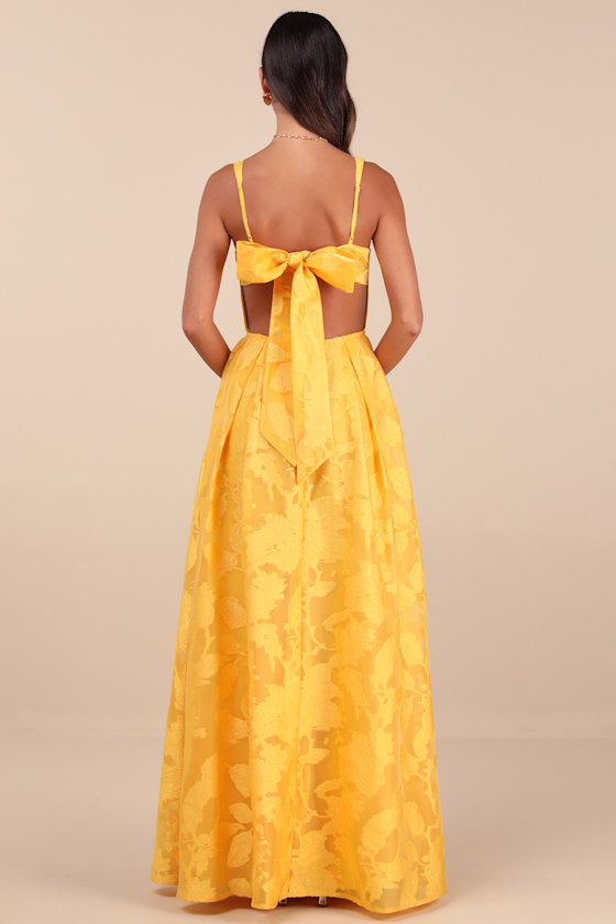 Perfected Aura Yellow Jacquard Tie-Back Maxi Dress with Pockets