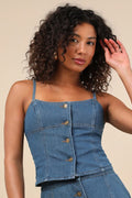 Kamile Blue Chambray Button-Front Tank Top