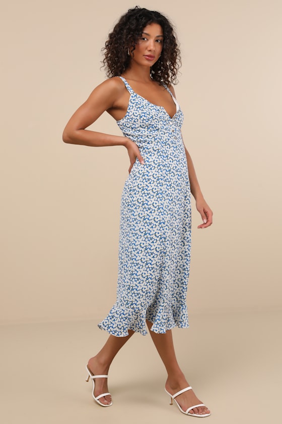 Darling Daisies Blue Floral Print Midi Dress