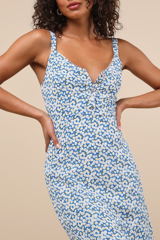 Darling Daisies Blue Floral Print Midi Dress