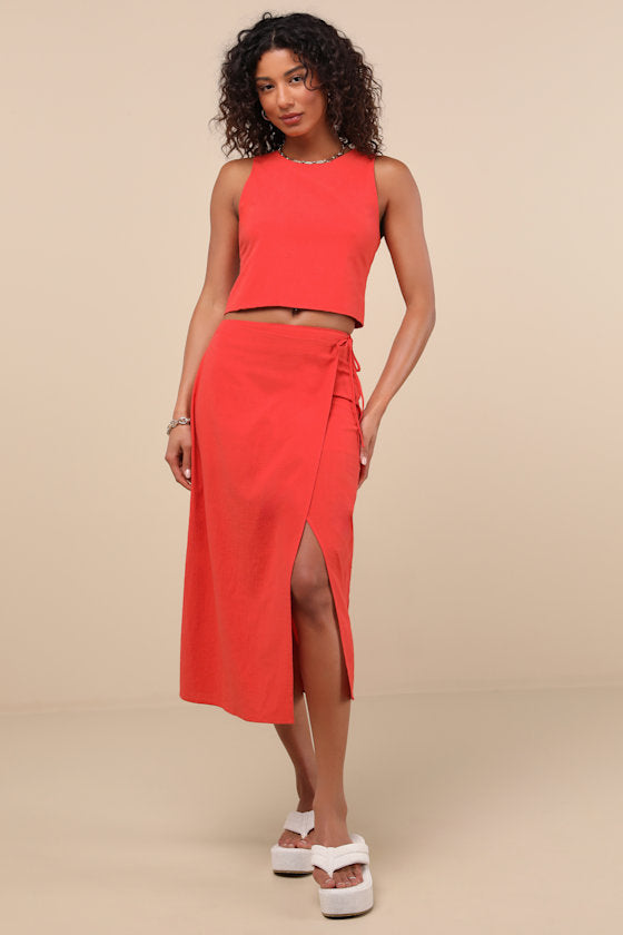 Aubin Red Column Wrap Midi Skirt