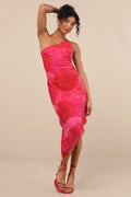 Pretty Serene Pink Floral One-Shoulder Asymmetrical Midi Dress