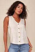 Casually Sophisticated Beige Linen Sleeveless Button-Front Top