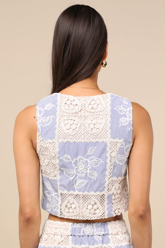 Elfreda Blue and Cream Crochet Knit Patchwork Tie-Front Top