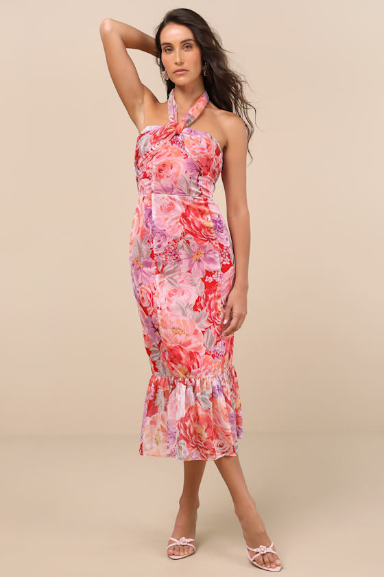 Juno Red Multi Floral Halter Trumpet Midi Dress