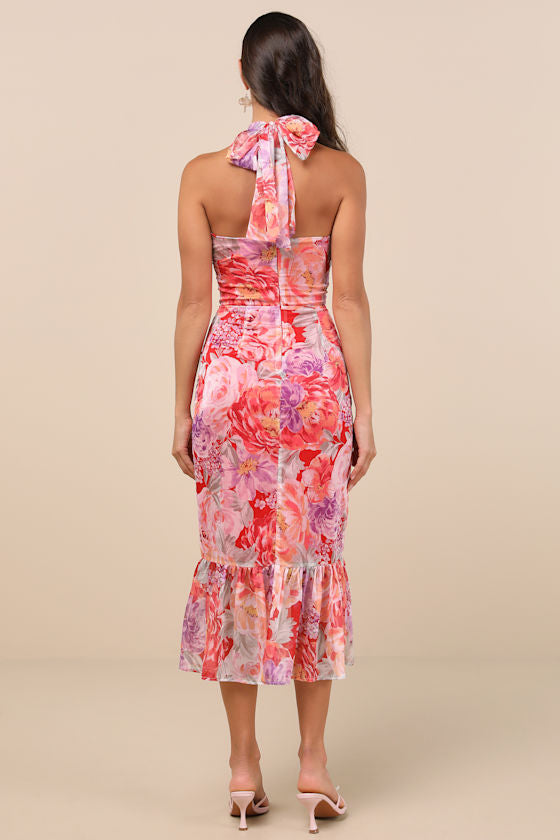 Juno Red Multi Floral Halter Trumpet Midi Dress
