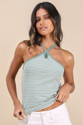 Delightful Pose Sage Striped Ribbed Knit Keyhole Halter Top