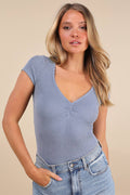 Required Style Dusty Blue Textured Ribbed Ruched Bodysuit