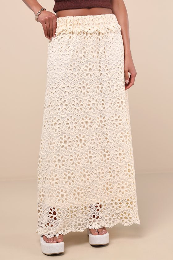 Kiros Cream Floral Eyelet Embroidered Maxi Skirt