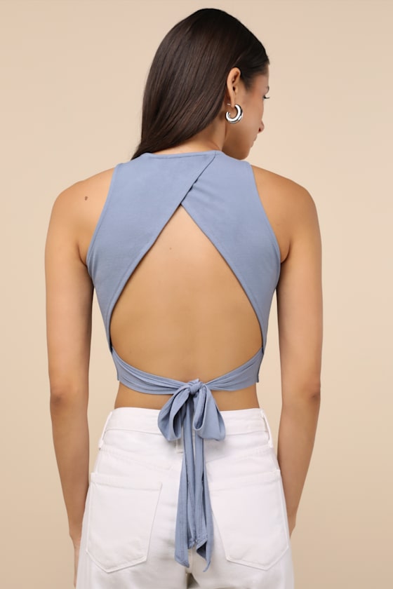 Let's Tie It Slate Blue Tie-Back Cropped Tank Top