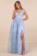 Garden Romance Light Blue Floral Print Organza Maxi Dress
