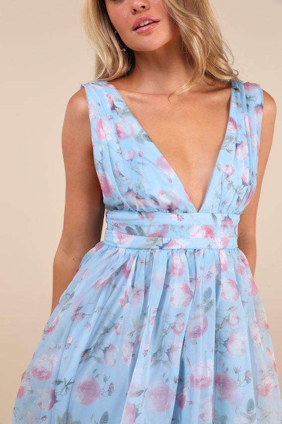 Garden Romance Light Blue Floral Print Organza Maxi Dress