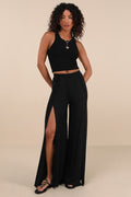 Knockout Black Knit Wide-Leg Slit-Front Pants