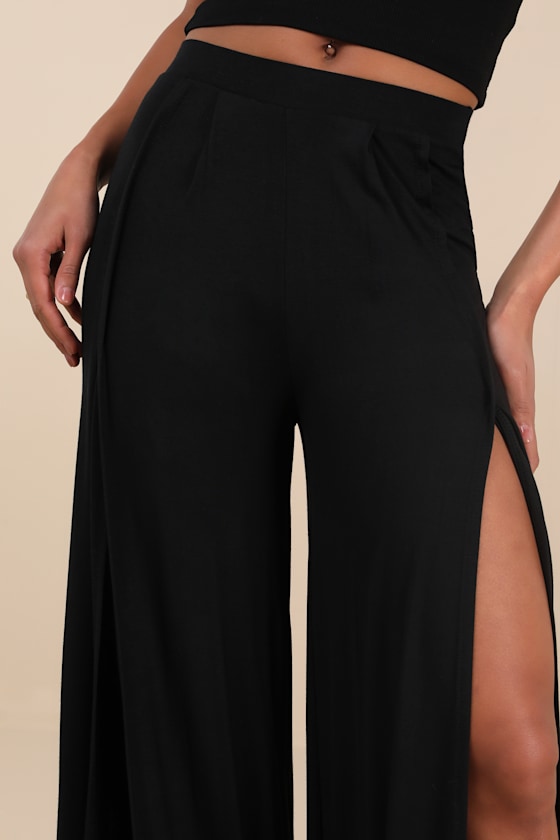 Knockout Black Knit Wide-Leg Slit-Front Pants