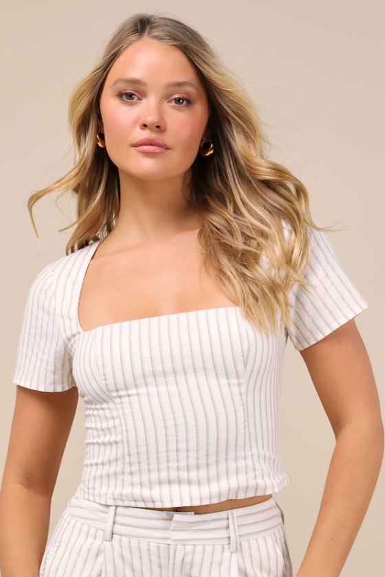 Danai Ivory and Beige Striped Short Sleeve Crop Top
