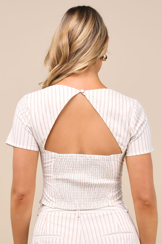 Danai Ivory and Beige Striped Short Sleeve Crop Top