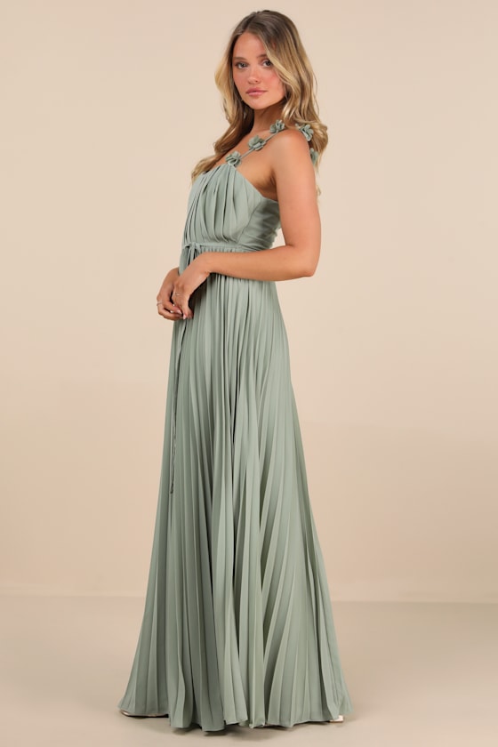 Hera Sage Pleated Floral Applique Maxi Dress