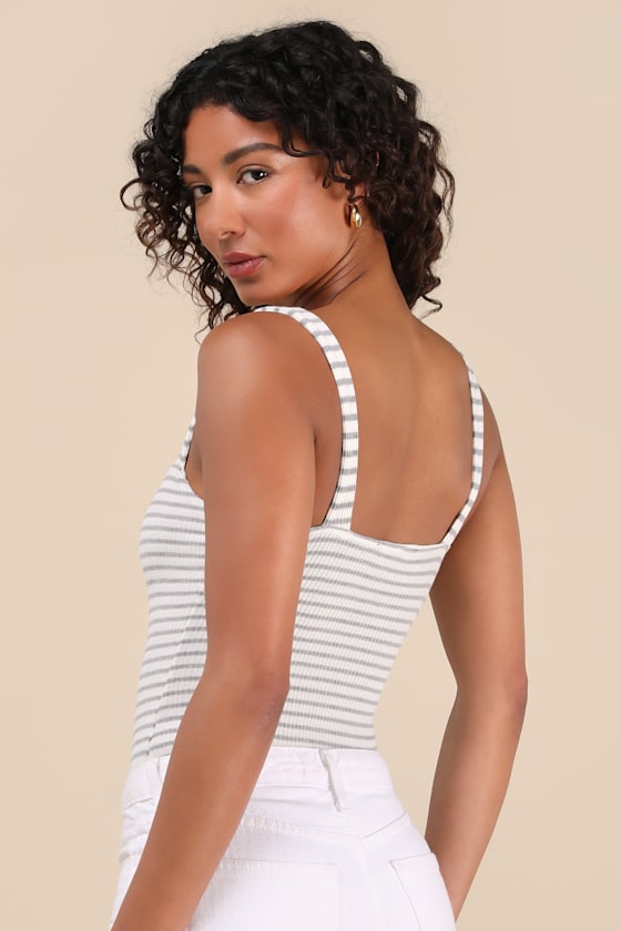 Casual Adventures Ivory Striped Ribbed Sleeveless Bodysuit