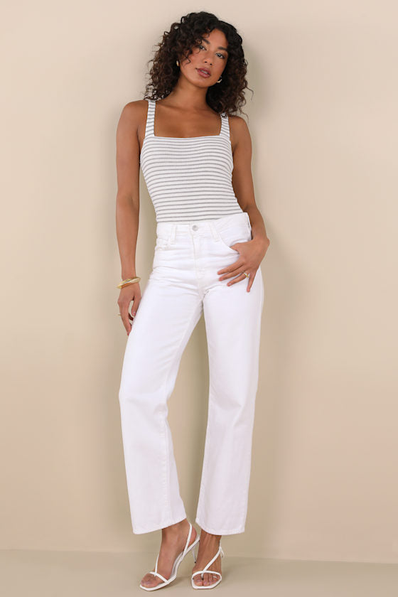 Casual Adventures Ivory Striped Ribbed Sleeveless Bodysuit