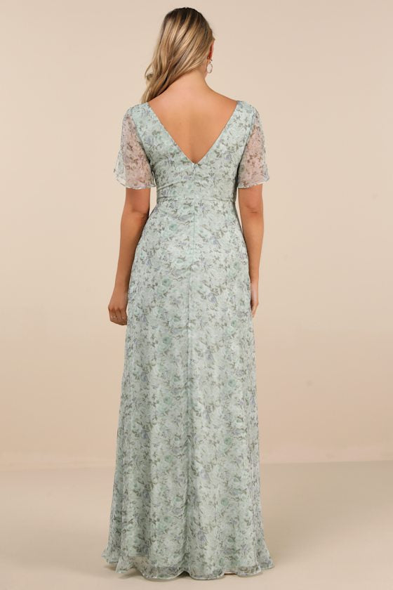 Dreamiest Desires Sage Green Floral Flutter Sleeve Maxi Dress