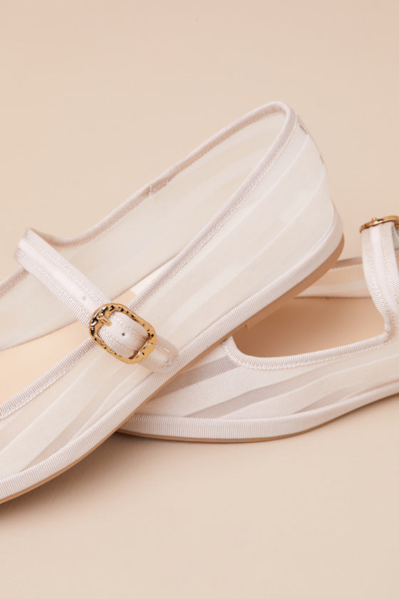 Tameka Bone Mesh Striped Buckle Ballet Flats