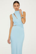 Kamara Light Blue Mesh Cutout Knotted Midi Dress