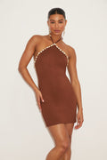 Azeneth Brown Shell Bodycon Halter Mini Dress