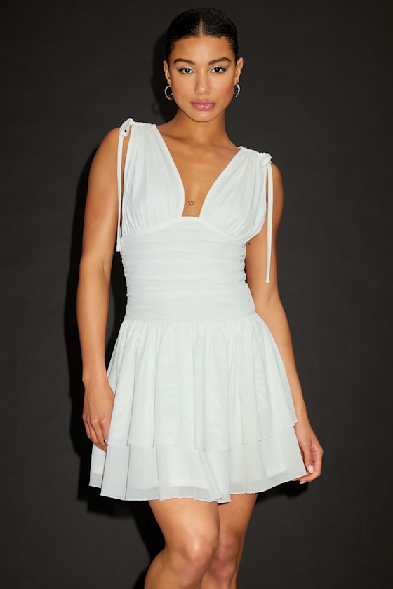 Luisella White Mesh Ruched Tiered Mini Dress