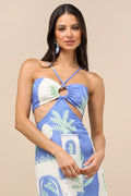 Beliana Blue Multi Print Halter O-Ring Midi Dress