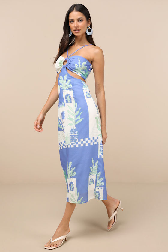 Beliana Blue Multi Print Halter O-Ring Midi Dress