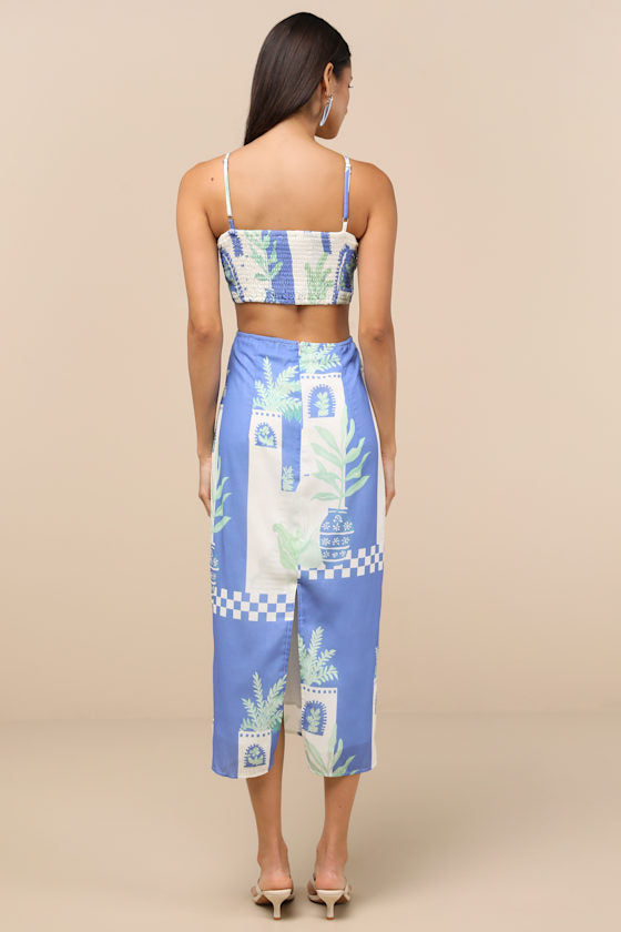 Beliana Blue Multi Print Halter O-Ring Midi Dress