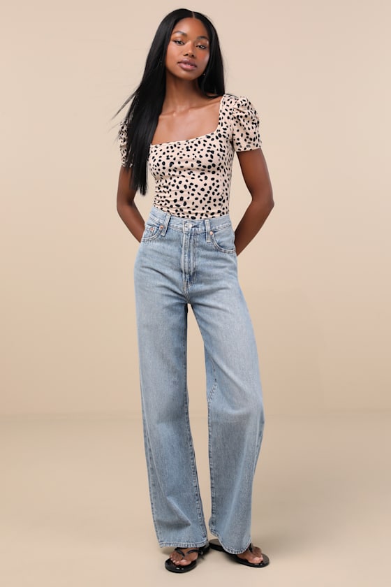 Oh Darling Black and Tan Dot Print Puff Sleeve Top