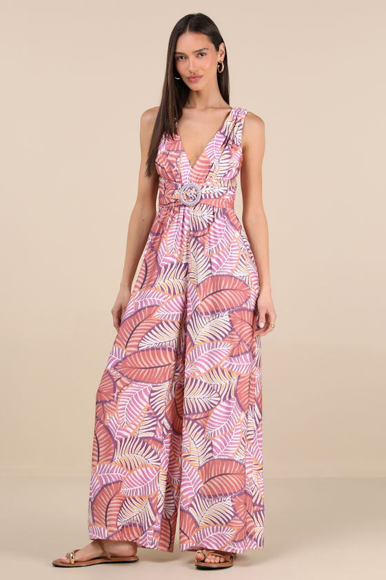 Emlyn Rose Pink Multi Leaf Print O-Ring Wide-Leg Jumpsuit