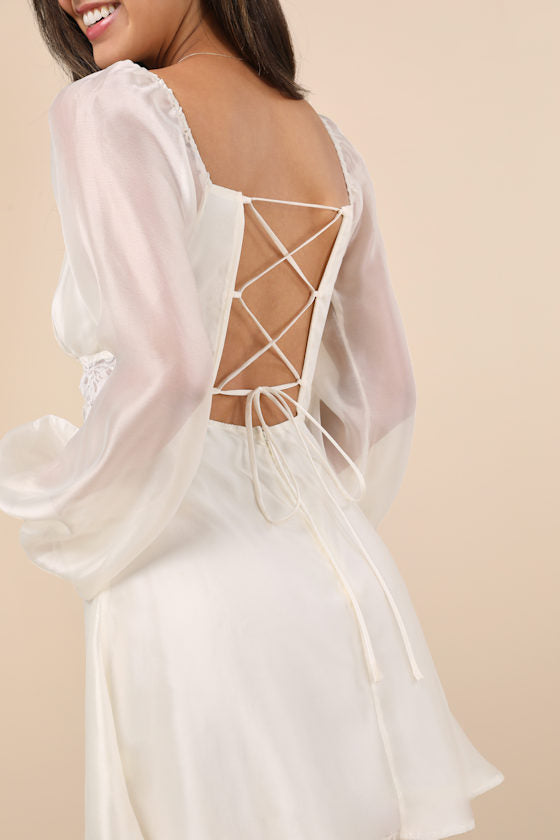 Medora Ivory Long Sleeve Lace-Up Mini Dress