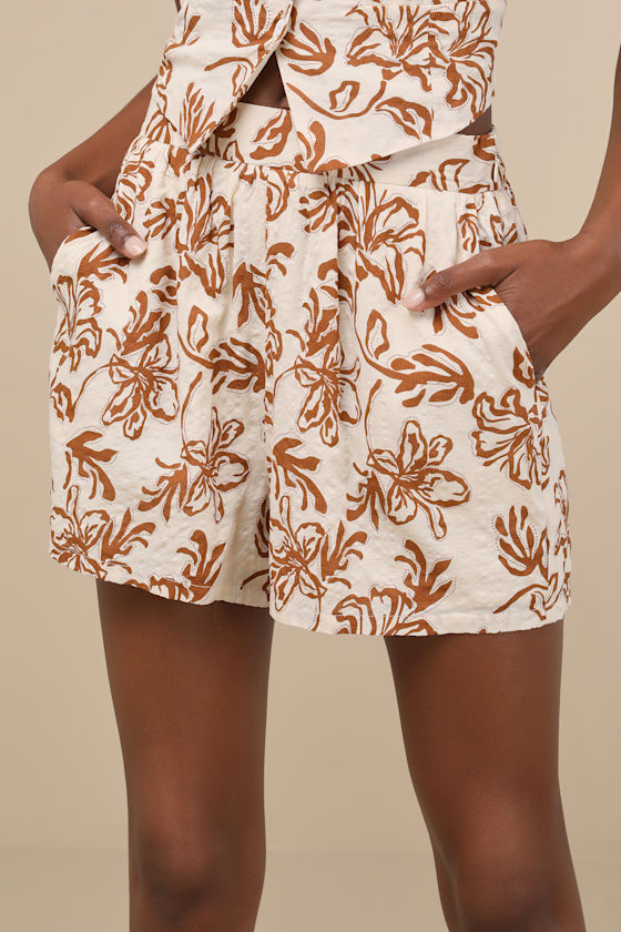 Railee Ivory and Brown Floral Pull-On Shorts
