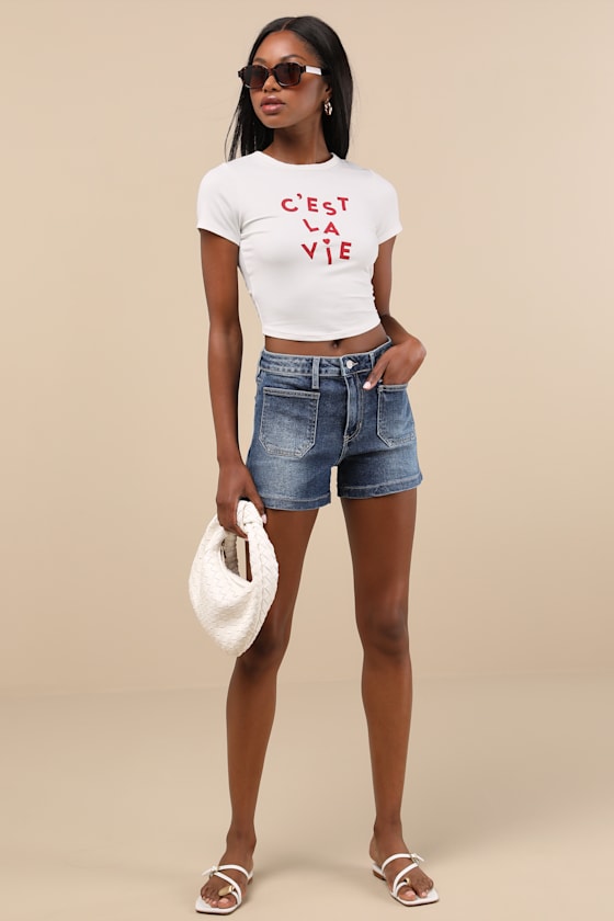 Jolie Medium Wash Denim High-Rise Sailor Shorts