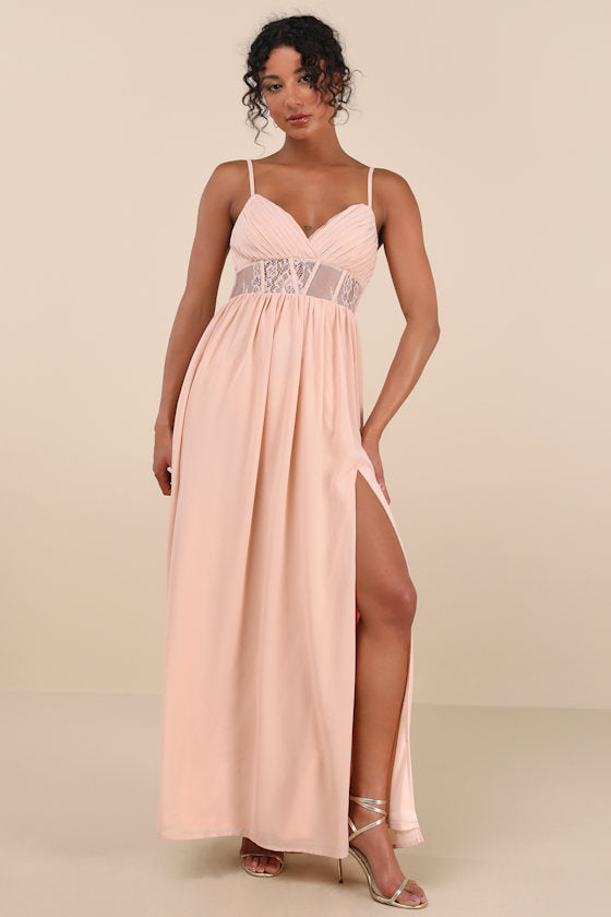 Kaylin Blush Pleated Lace Maxi Dress