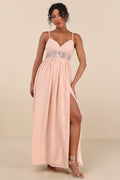 Kaylin Blush Pleated Lace Maxi Dress