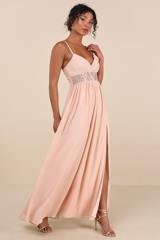 Kaylin Blush Pleated Lace Maxi Dress