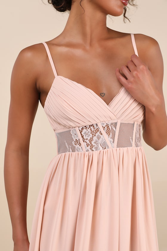 Kaylin Blush Pleated Lace Maxi Dress